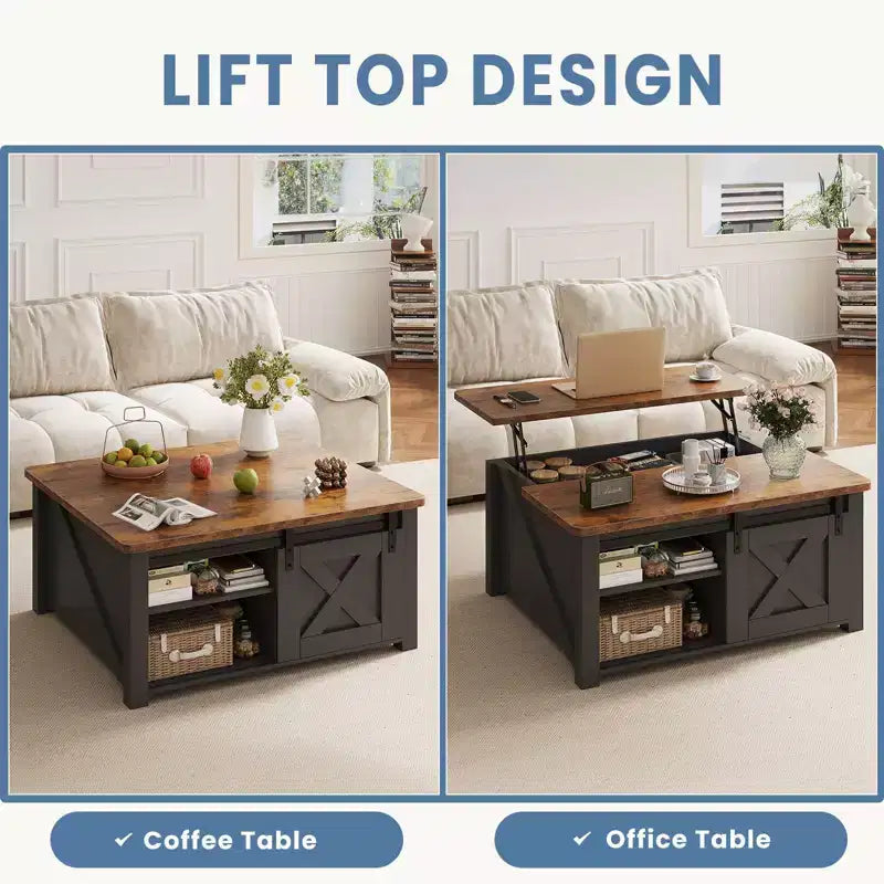 JIONJOY salontafel van 31,5 inch met opklapbaar blad en grote verborgen opbergruimte, verstelbare planken, vierkante landelijke salontafel voor de woonkamer en kleine ruimtes