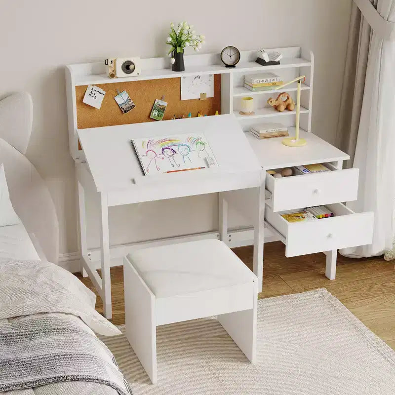 Bureau- en stoelset voor kinderen, houten studeertafel met verstelbaar gekanteld bureaublad, laden en prikbord - school- en leerbureau voor kinderen