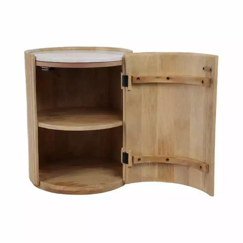 Decorative Ribbed Wooden Side Table with Marble Top and Storage - Small Home Decor Table Stand for Bedroom or Living Room Decor