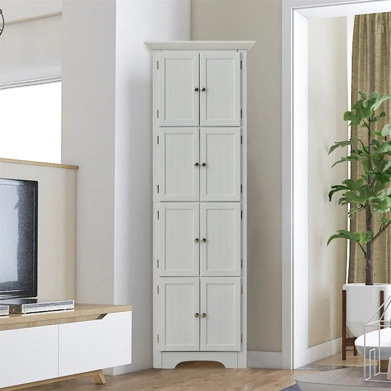 Tall Corner Storage Cabinet with 8 Doors and 4 Shelves