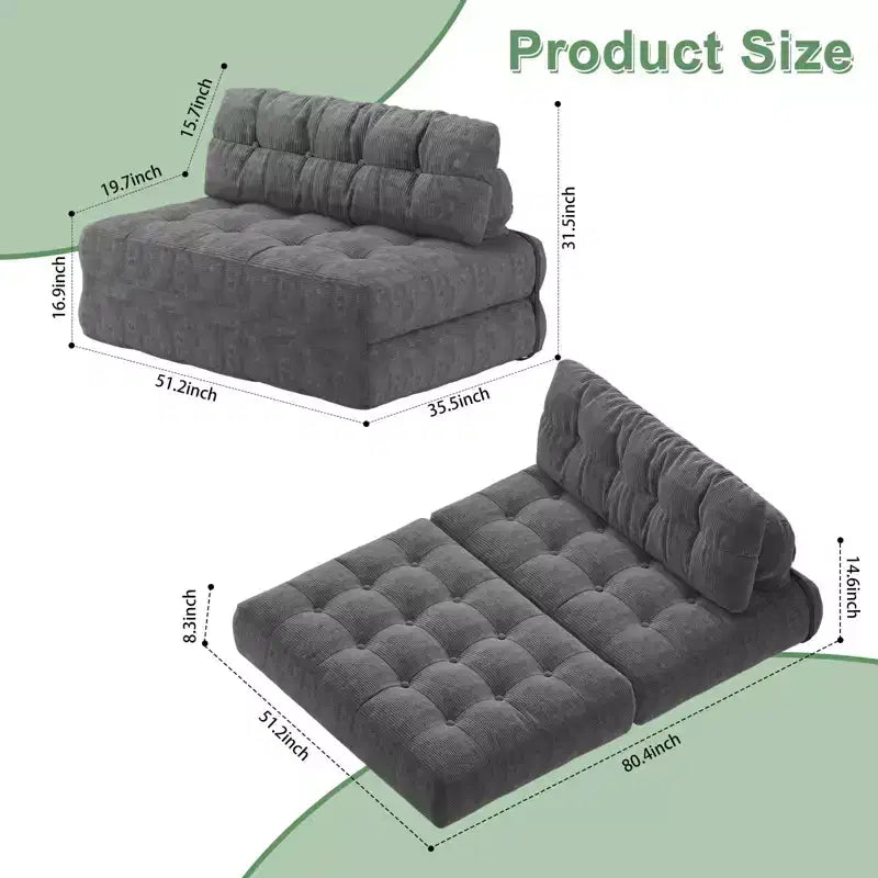 Canapé-lit futon pliant en velours côtelé, fauteuil convertible au sol avec coussin et soutien dorsal, format double