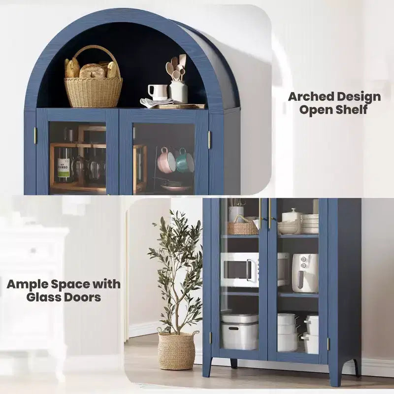 Mobiletto contenitore alto ad arco con ante in vetro, libreria espositiva a 5 ripiani con mensole regolabili per cucina o soggiorno