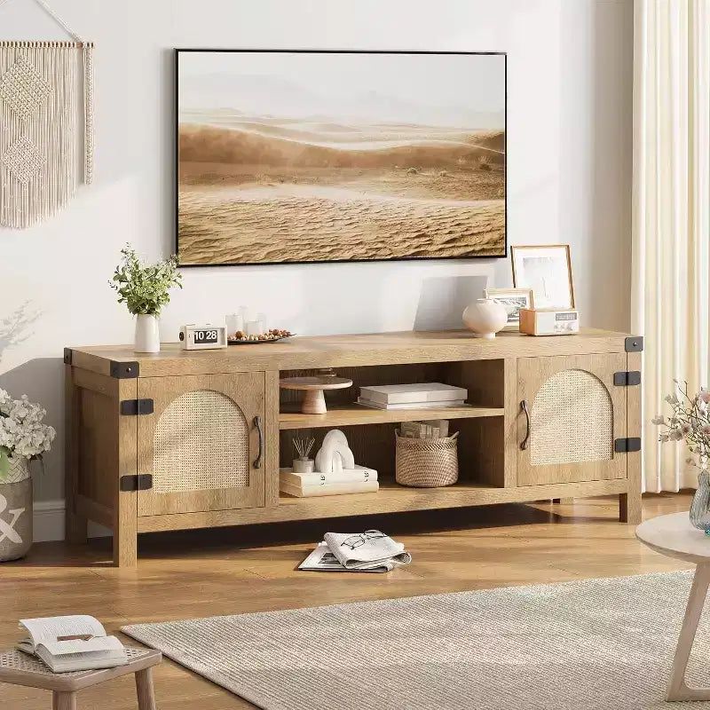 165 cm brede tv-meubel in bohemienstijl met rieten deur - houten entertainmentcentrum met twee kasten en verstelbare planken, geschikt voor woonkamers