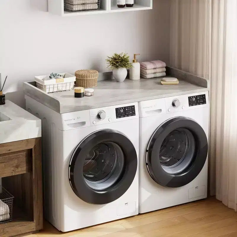 Aanrechtblad voor wasmachine en droger, wasruimteblad met opstaande rand en antislipmat voor opbergruimte voor wasmanden en organisatie van de wasruimte