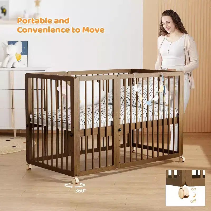 JOYMOR 8 in 1 Convertible Crib, Include 2 Mattress, Converts to Bassinet, Mid Crib, Full Size Crib, Daybed,Toddler Bed and Playard