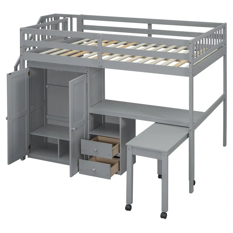 Hochbett in Full-Size mit Treppe, Bücherregal, Schreibtisch und Kleiderschrank – platzsparendes Multifunktionsmöbel für Kinder und Jugendliche – Weiß