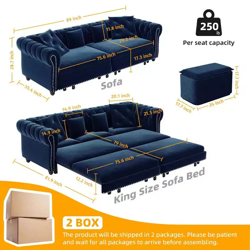 Whisen Samt-Schlafsofa in King-Size mit Ausziehfunktion und 3-in-1-Funktion, wandelbares Schlafsofa mit beweglichem Hocker und Steppdesign