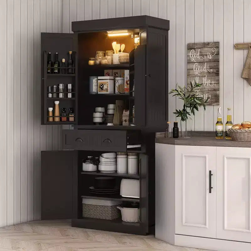 71 Kitchen Pantry Cabinet with LED Lights, 6 Door Shelves, a Drawer and 4 Adjustable Shelves