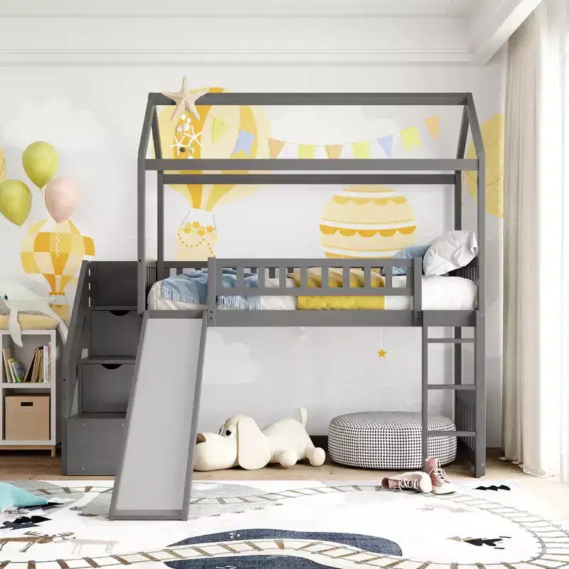 Twin House Loft Bed with Slide and Stairs, Loft Bed with Storage Drawers, Wood Cabin Loft Bed for Kids Toddlers