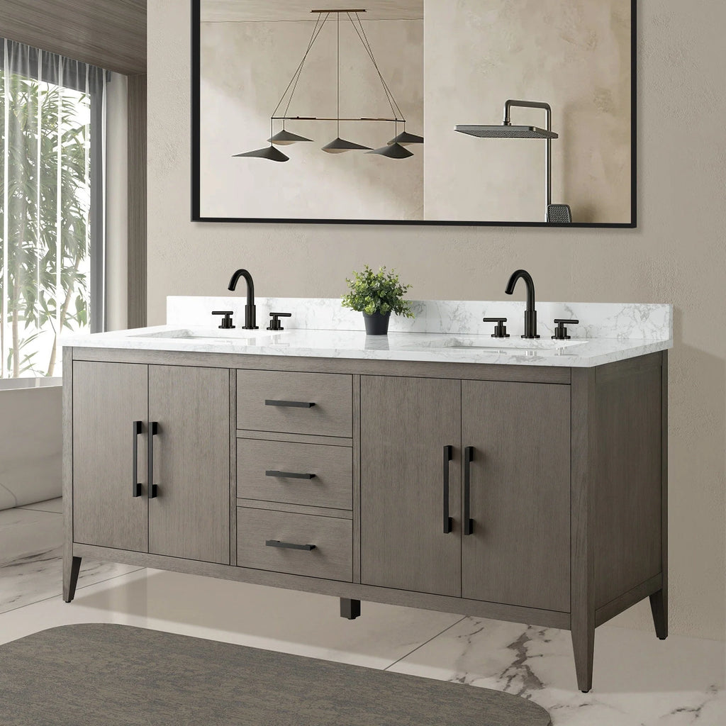 Vanity Art 72 badkamermeubel met dubbele wastafel en blad van composietmarmer