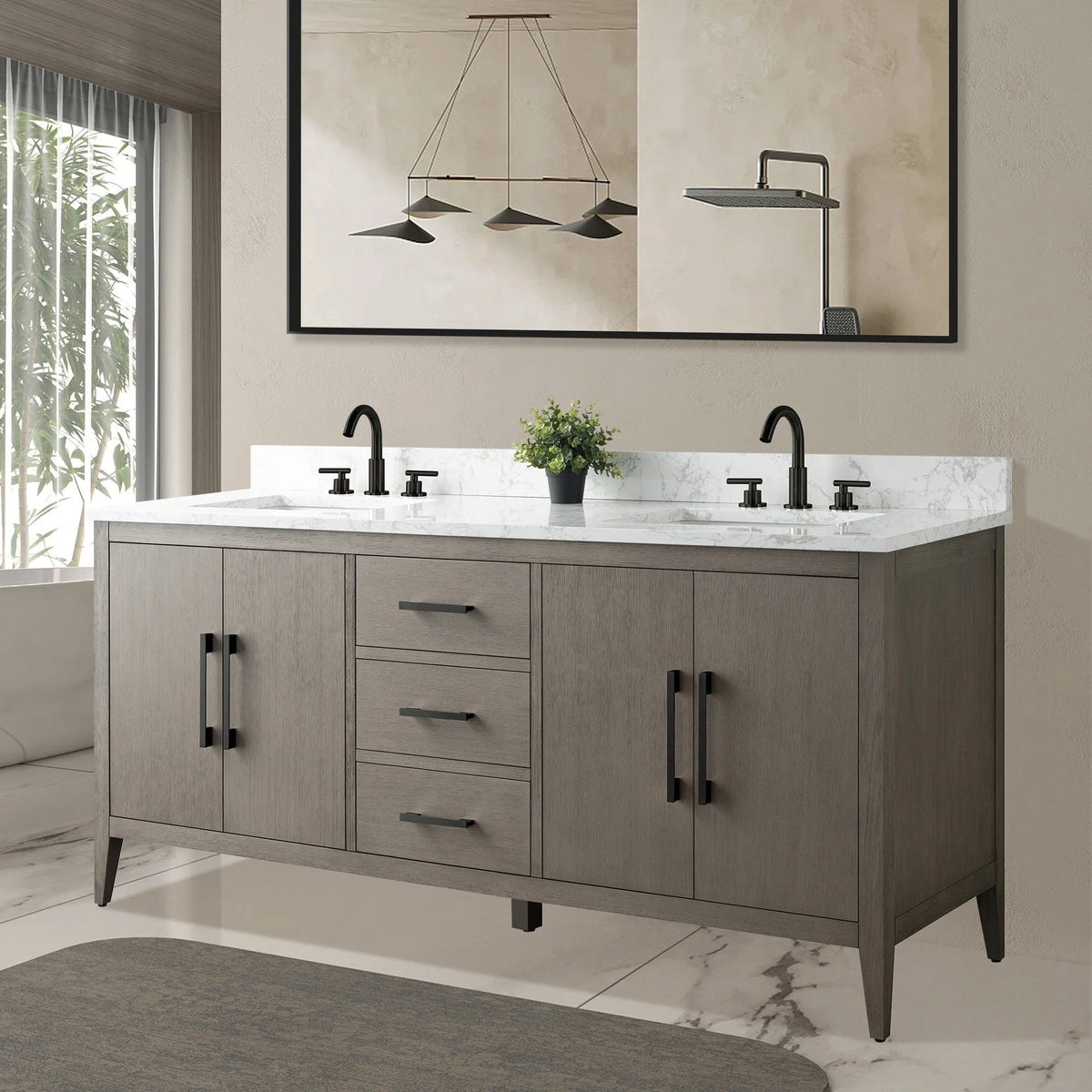 Vanity Art 72 badkamermeubel met dubbele wastafel en blad van composietmarmer