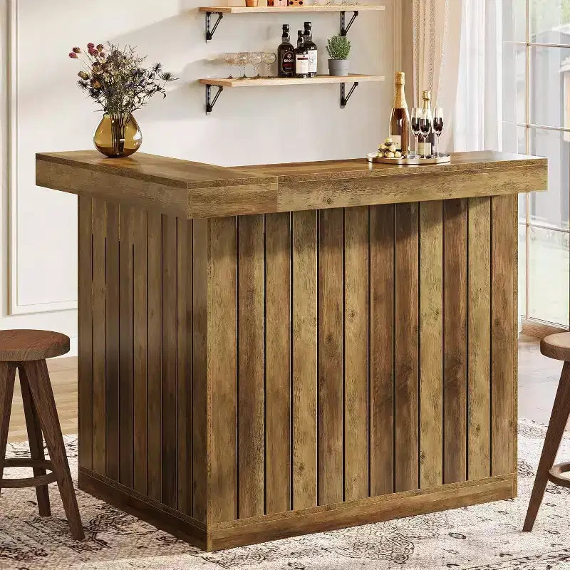 Mobile bar per casa Lantine a forma di L, tavolo bar angolare per liquori a 4 ripiani con mensole contenitore e portabicchieri da vino per pub domestico