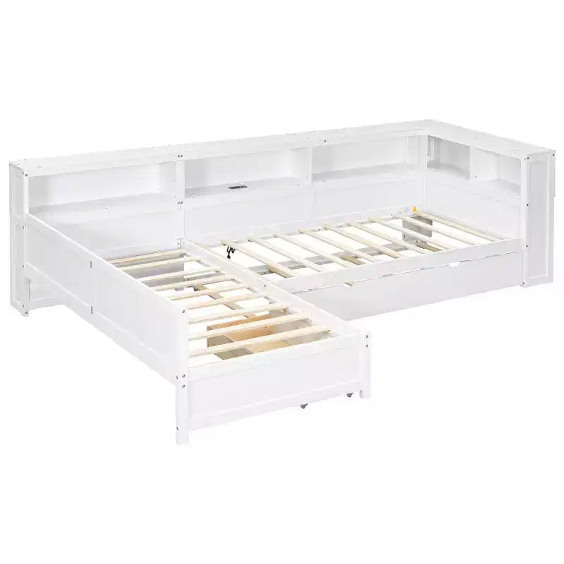 L-förmiges Plattformbett in Twin-Größe mit Ausziehbett und Ladestation, Holzbettrahmen mit Bücherregal
