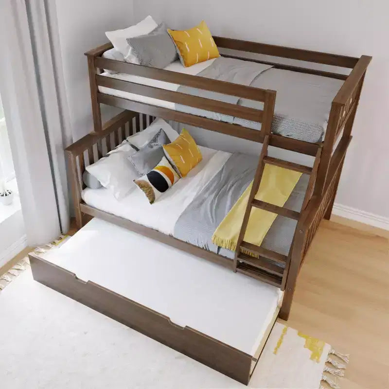 Letto a castello Max & Lily in legno massello, singolo sopra matrimoniale con letto estraibile contenitore e scaletta per bambini