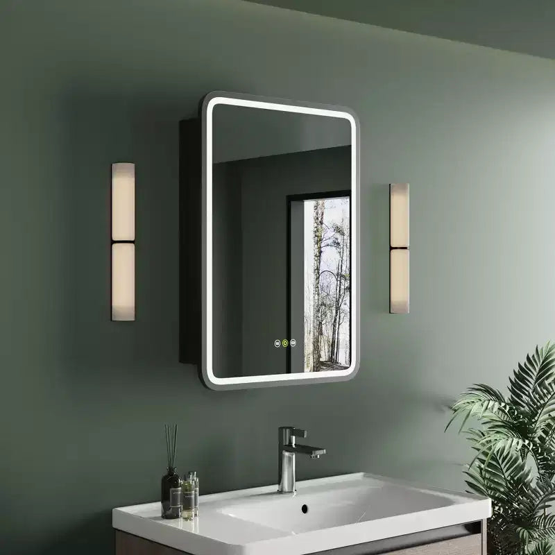 Schwarz/Weiß/Gold LED-Medizinschrank, eine Tür, Anschlag links oder rechts, zum Einbau oder zur Wandmontage
