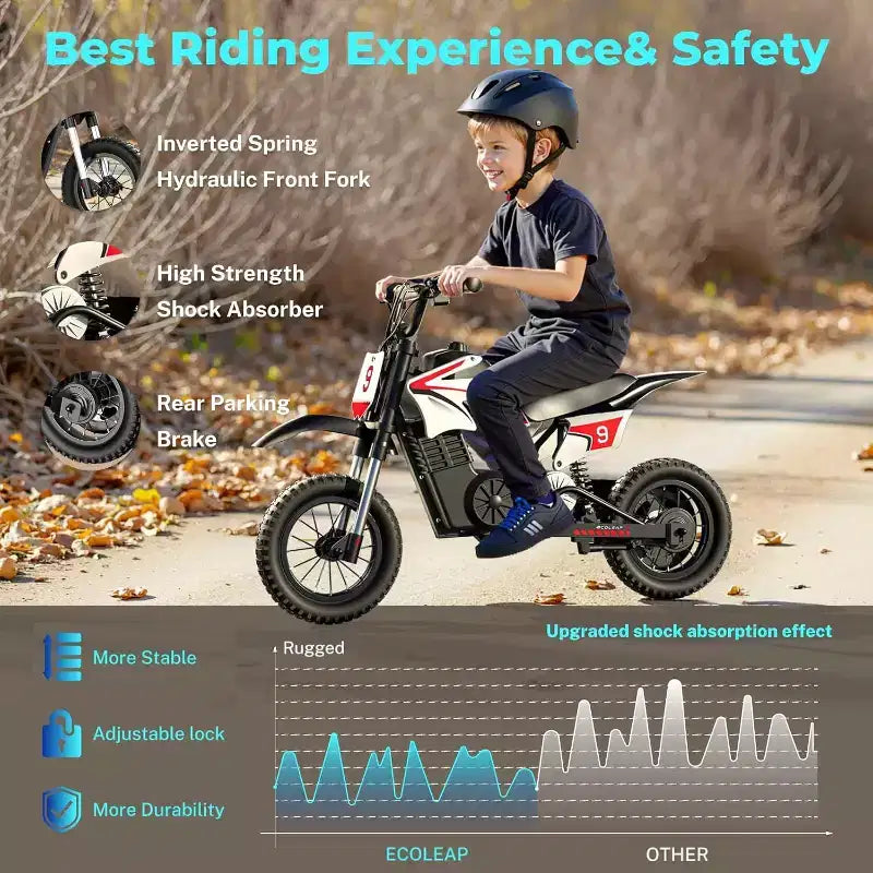ECOLEAP K1 elektromos terepmotor gyerekeknek, 36 V, 16 MPH végsebesség, 14 mérföldes hatótáv, 700 W csúcsteljesítményű motor, 3 sebességfokozat, 12 terepgumi, UL, 3–10 éves korig