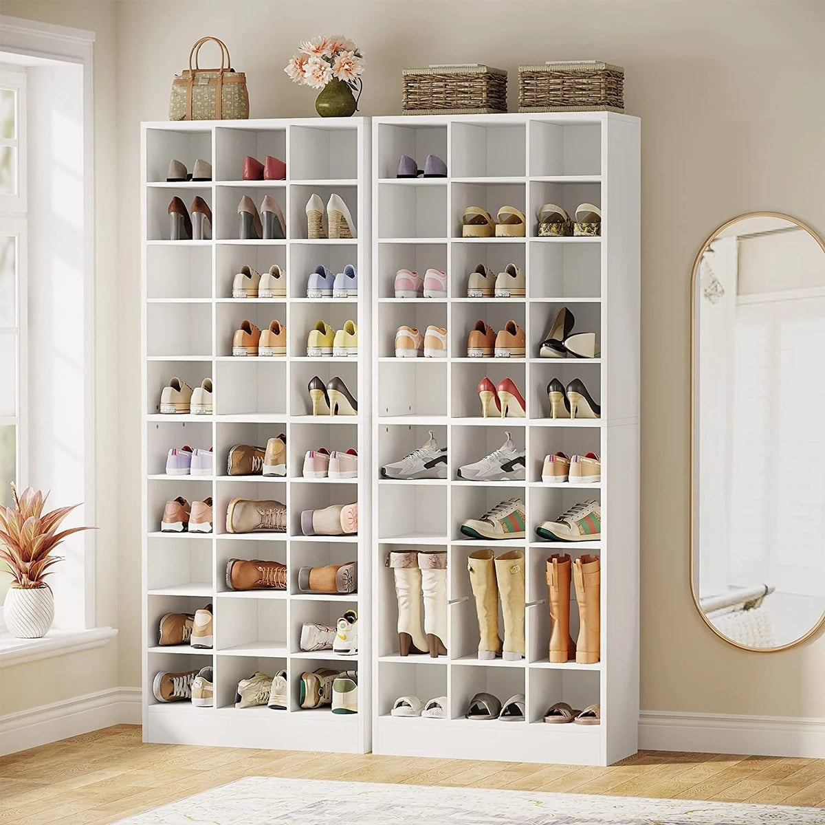 Hoge schoenenkast voor 30 paar schoenen, 10 etages, wit houten schoenenrek voor kledingkast en hal - 10 etages
