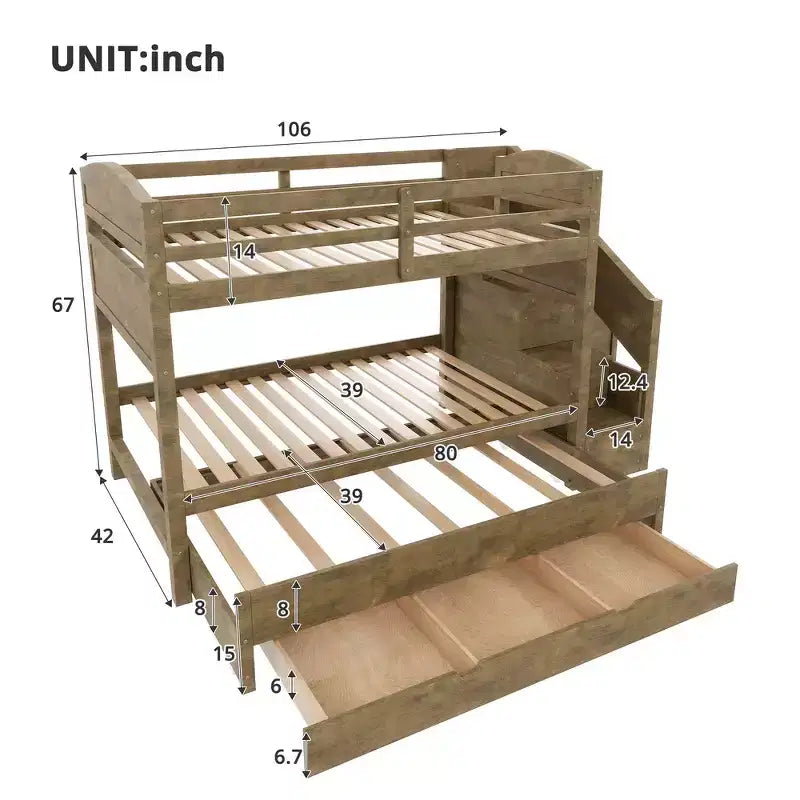 Whisen Twin XL Bunk Bed Frame with Trundle, Bunk Bed with Storage, Bunk Bed with Solid Wood, Storage Staircase, Wardrobe, 3Drawer, for Kids