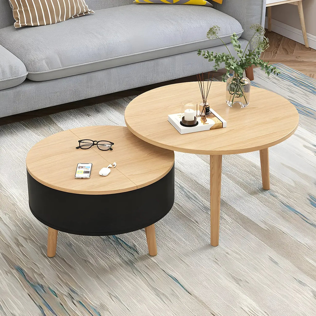 Black White Modern Round Wood Coffee Table with Storage