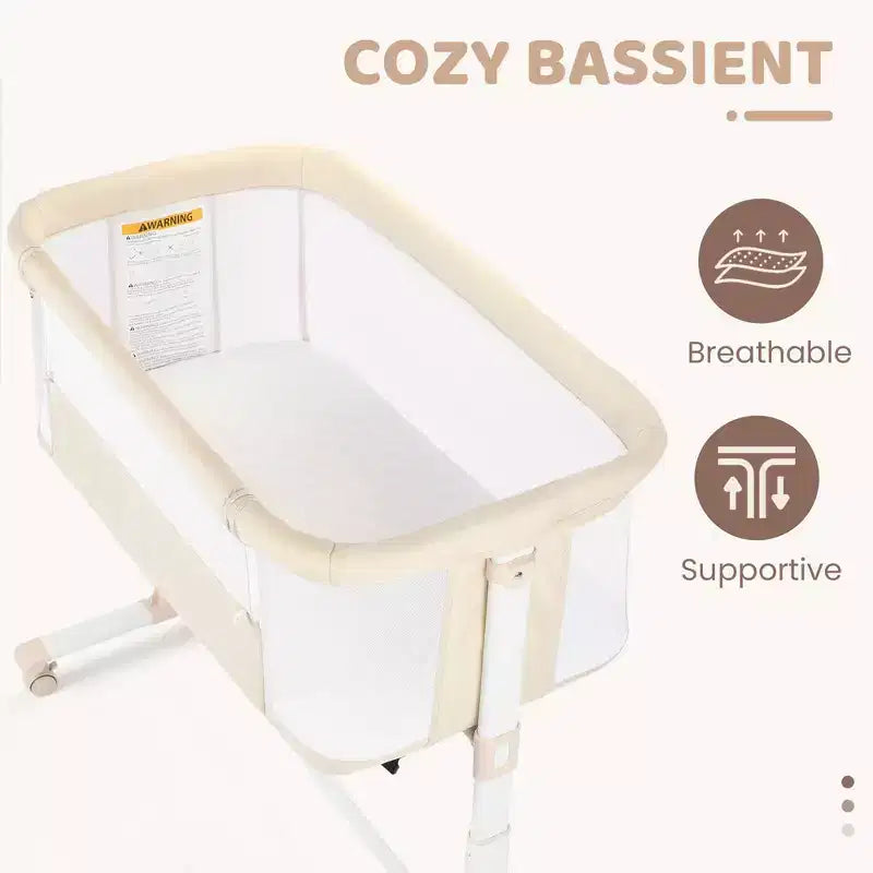 Babywiegje met wielen – beige / grijs / roze, wiegje naast het bed, voor 1 baby