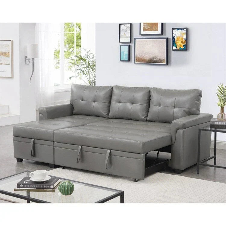 Divano componibile reversibile trasformabile con letto estraibile, chaise longue con contenitore nascosto e gambe resistenti