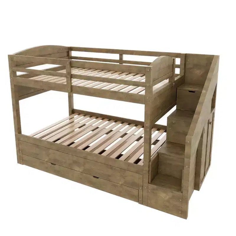 Whisen Twin XL Bunk Bed Frame with Trundle, Bunk Bed with Storage, Bunk Bed with Solid Wood, Storage Staircase, Wardrobe, 3Drawer, for Kids