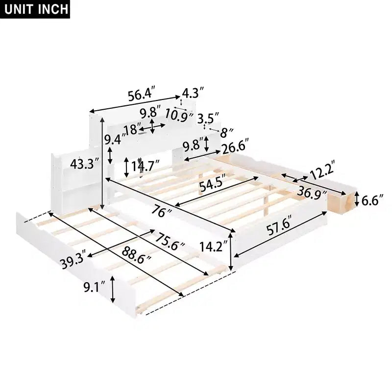 Eenpersoons platformbed met opbergruimte, uitschuifbed, boekenkasthoofdbord en oplaadstation, houten bedframe met planken en laden