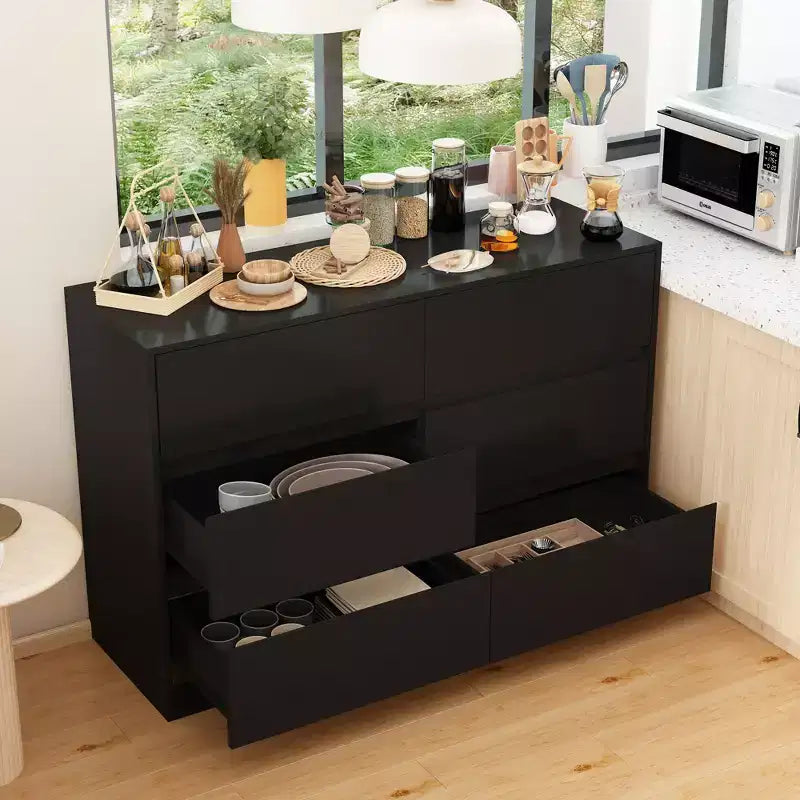 Smart Rotatable/Extendable Buffet Sideboard with 6 Drawers, Extended Countertop, Non-slip Mat, Rotating Dining Table, Kitchen Island Pantry