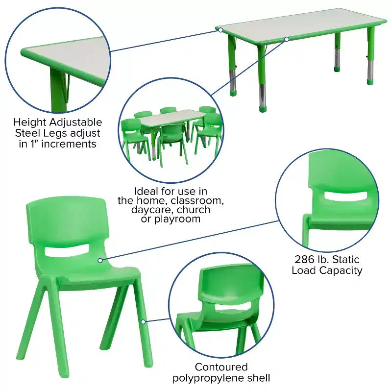 Emma and Oliver rechthoekige kunststof activiteitentafelset van 23,625W x 47,25L met verstelbare hoogte en 6 stoelen