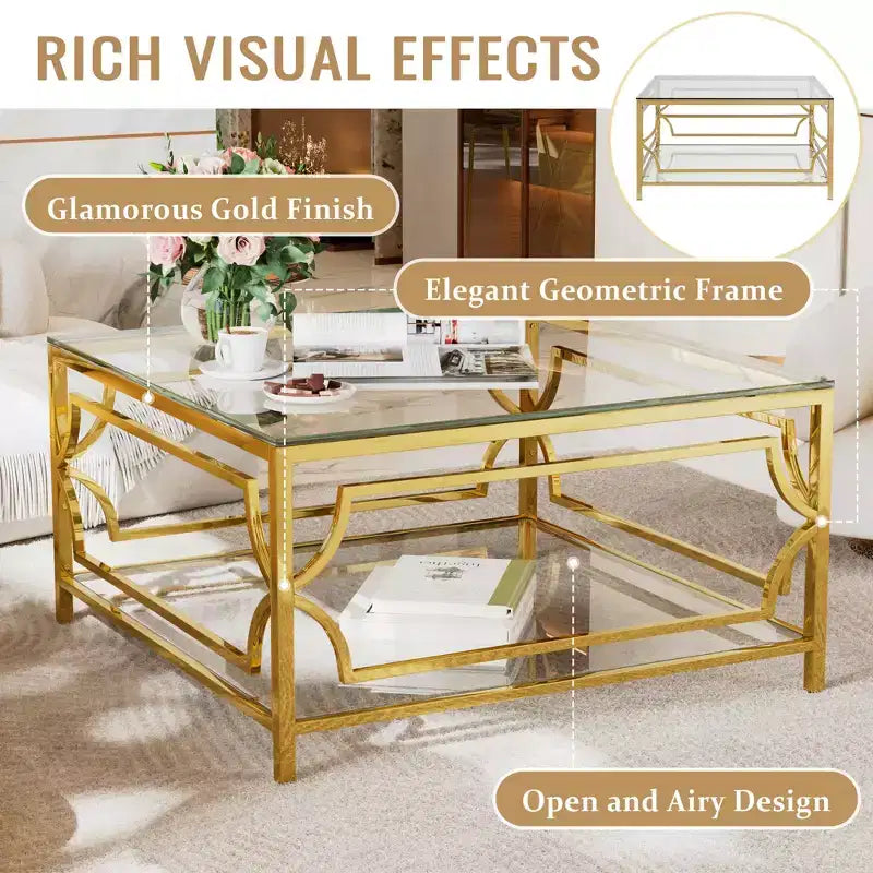 Merax Square Coffee Table with Black or Clear Glass Top and Two-Tier Display Shelf