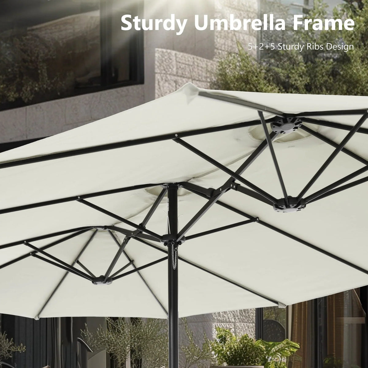 MAISON ARTS dubbele parasol voor terras, 15 ft, extra groot, tweepersoons, inclusief voet