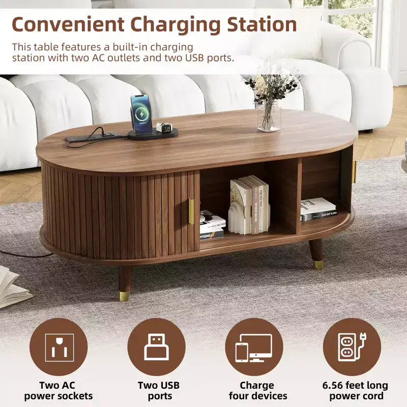 CLIHOME TV-Schrank und Couchtisch-Set aus Holz im Landhausstil mit Ladestation, ovale geriffelte Medienkonsole für Fernseher bis zu 80