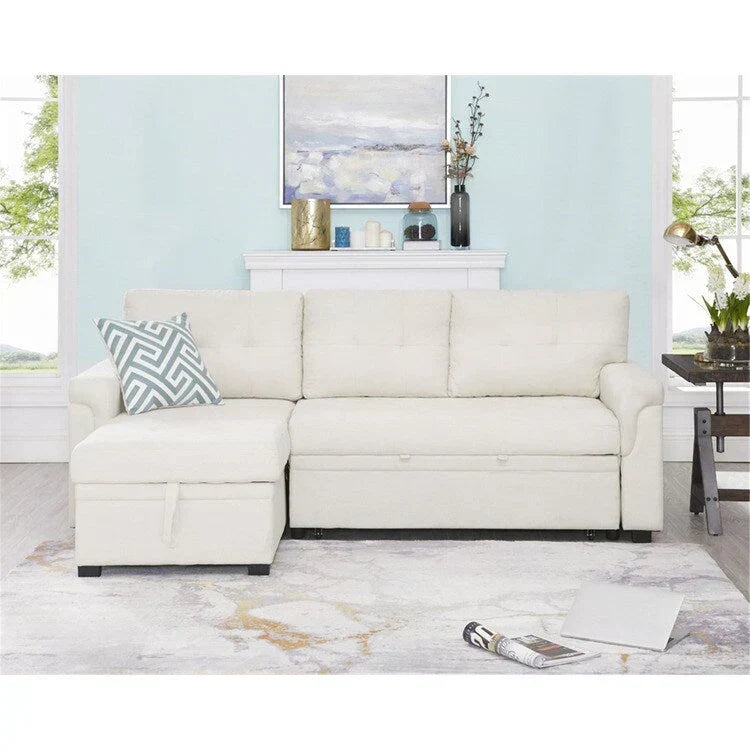 Divano componibile reversibile trasformabile con letto estraibile, chaise longue con contenitore nascosto e gambe resistenti