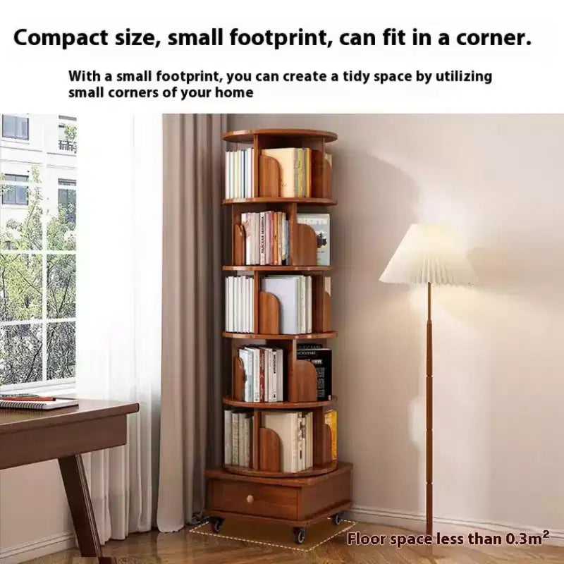 Libreria angolare Chic Crate a 6 ripiani con rotazione a 360° e ruote, libreria stretta per piccoli spazi, marrone noce