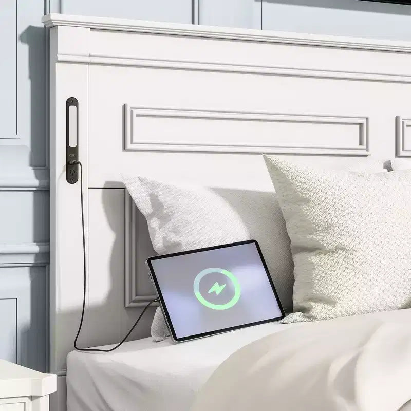 ModernLuxe platformbed voor eenpersoons- of tweepersoonsformaat met hoog hoofdbord, rustiek houten bedframe met 2 laden, ledverlichting en USB-poorten