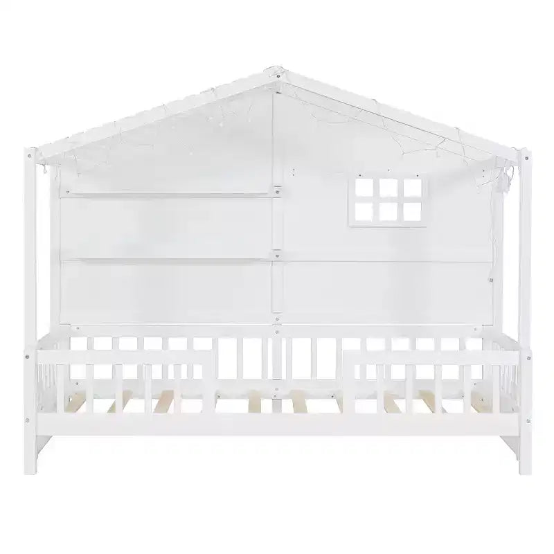 Twin Size House Bed with Storage Shelves and Rails, Wood Kids Montessori Bed Frame with Window and Sparkling Light Strip