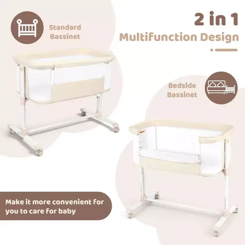 Babywiegje met wielen – beige / grijs / roze, wiegje naast het bed, voor 1 baby