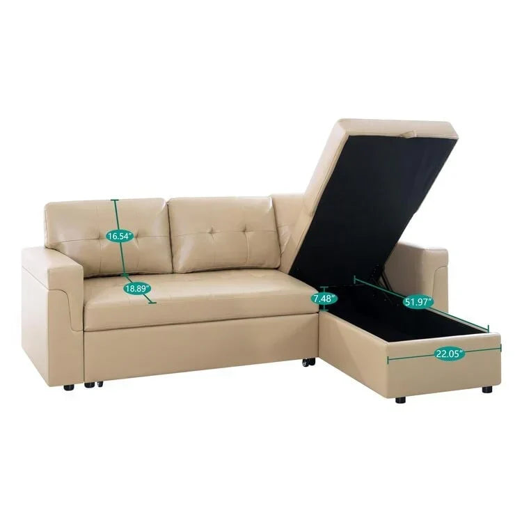 Divano componibile reversibile trasformabile con letto estraibile, chaise longue con contenitore nascosto e gambe resistenti