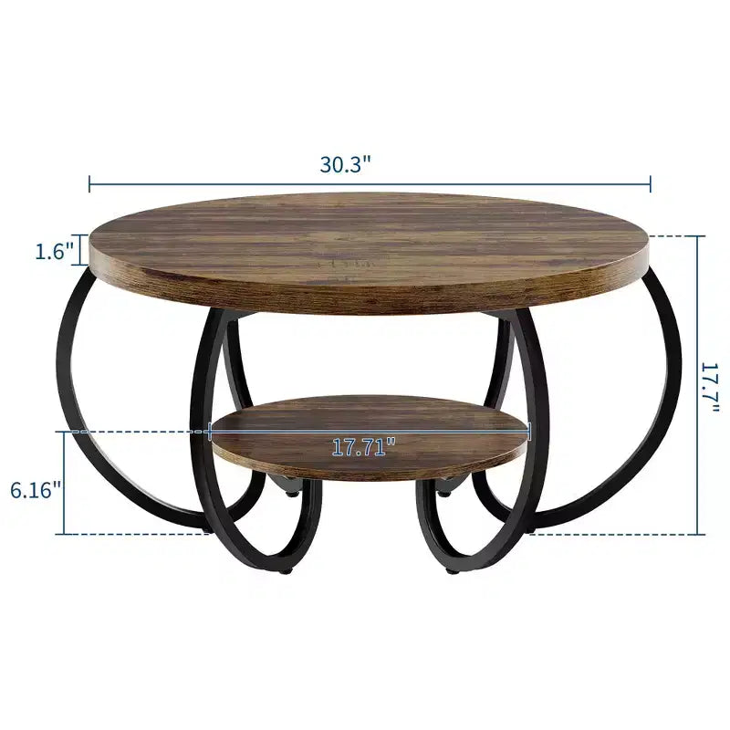 Table basse ronde industrielle de 30 pouces à 2 niveaux avec pieds réglables, étagère effet bois, motif de flammes, montage facile, salon