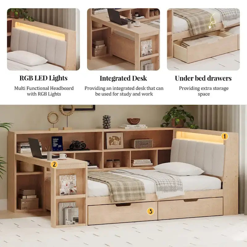 L-förmiges Holz-Sofa-Tagesbett mit Schreibtisch, Bücherregal-Schrank, Eckbett mit Schubladen unter dem Bett, gepolstertem Kopfteil und integrierter Beleuchtung