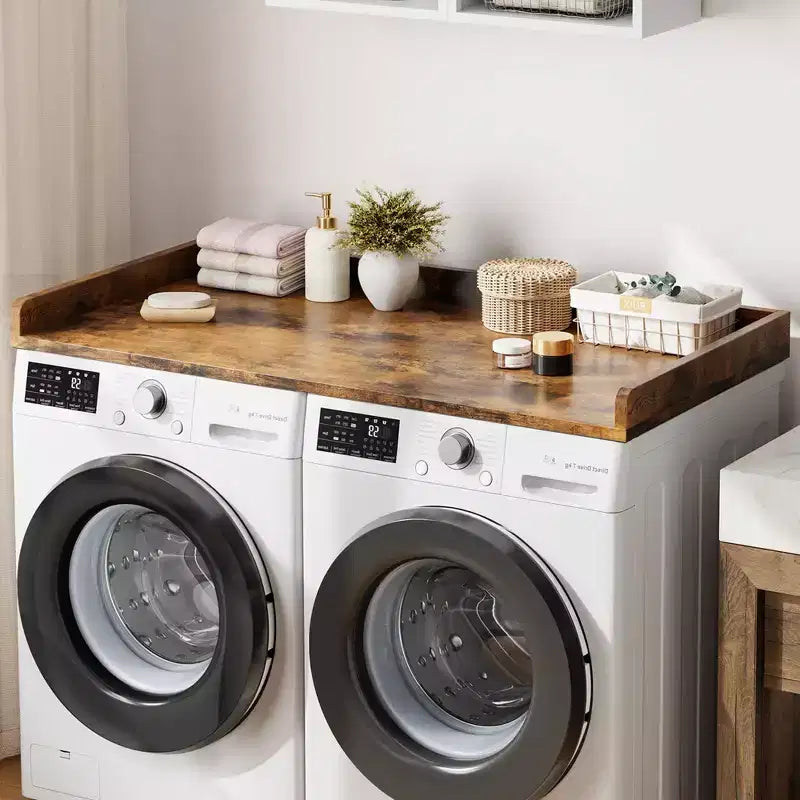 Aanrechtblad voor wasmachine en droger, wasruimteblad met opstaande rand en antislipmat voor opbergruimte voor wasmanden en organisatie van de wasruimte