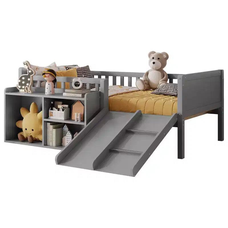 Whisen Twin Size Low Loft Bed Frame for Kids with Slide, Movable Bookshelf Storage, Guardrails, Low Loft Bed Frame