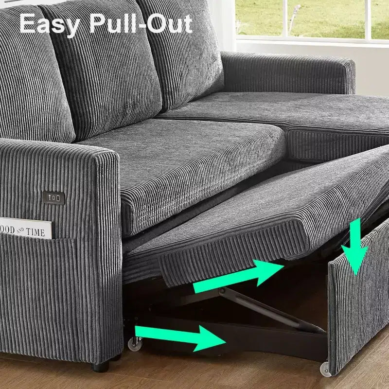 Dyonery 2-in-1-Schlafsofa zum Ausziehen mit Stauraum und Récamiere, Cord-Ecksofa mit USB-Anschlüssen für das Wohnzimmer