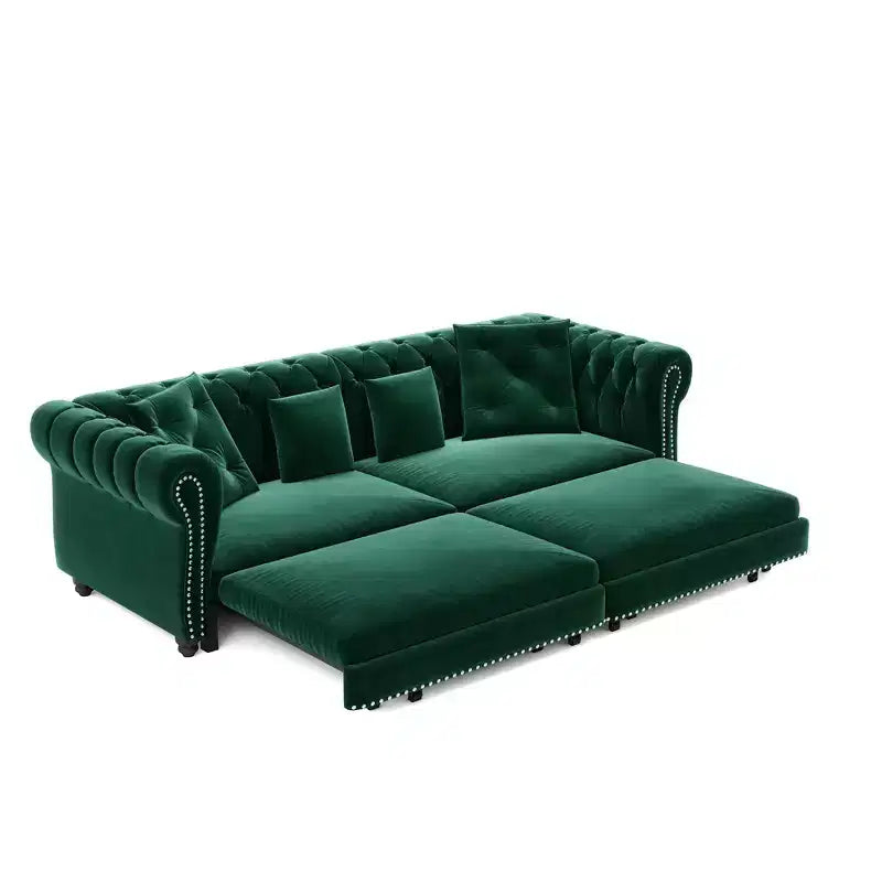 Whisen Samt-Schlafsofa in King-Size mit Ausziehfunktion und 3-in-1-Funktion, wandelbares Schlafsofa mit beweglichem Hocker und Steppdesign