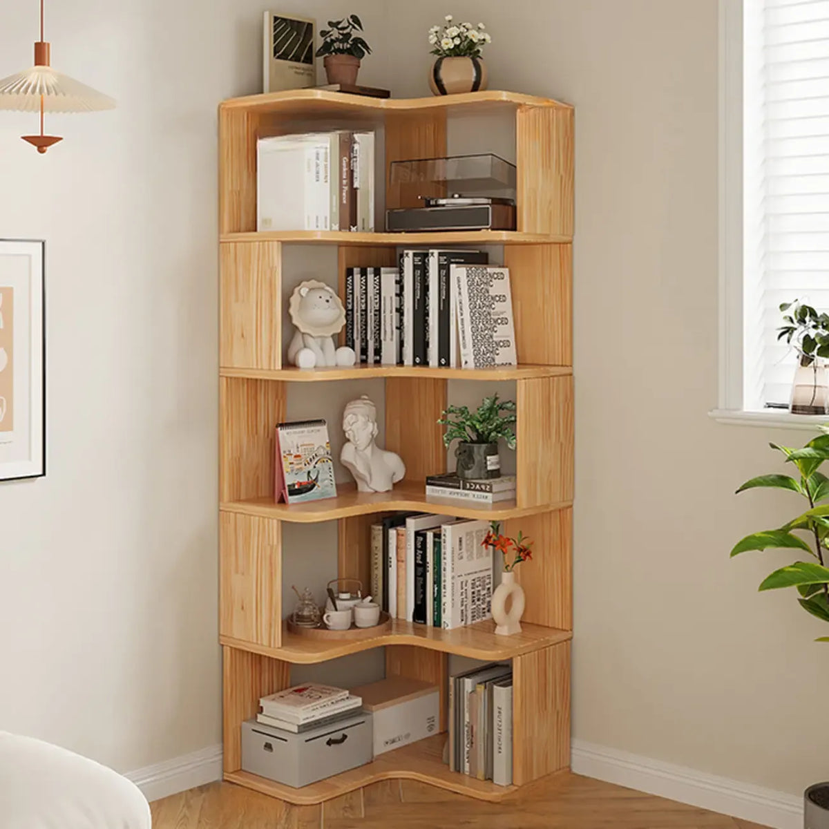 Bibliothèque verticale en bois en forme de L, finition naturelle, dos ouvert
