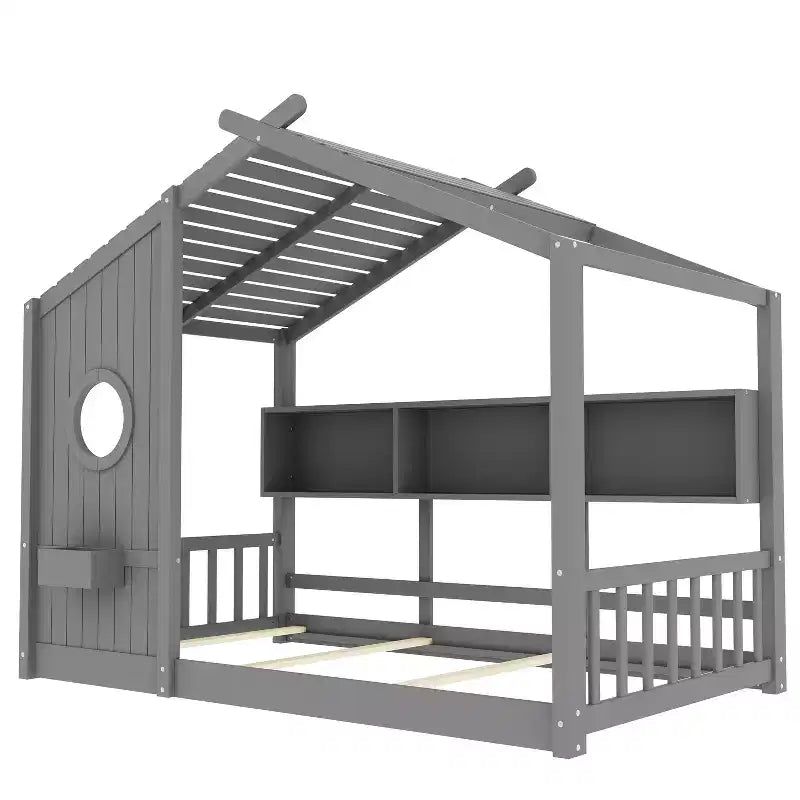 Twin/Full Size House Platform Bed Frame Toddler Floor Bed Kids Montessori Bed Playhouse Bed with Storage Shelf - ModernLuxe