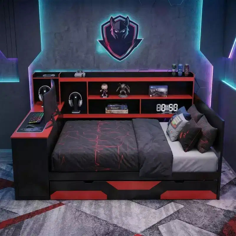 Łóżko dzienne Gamer Hub z biurkiem, oświetleniem RGB, stacją ładowania, szufladami do przechowywania i zagłówkiem z regałem na książki