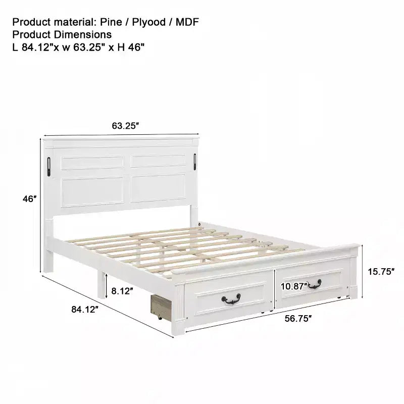 ModernLuxe platformbed voor eenpersoons- of tweepersoonsformaat met hoog hoofdbord, rustiek houten bedframe met 2 laden, ledverlichting en USB-poorten