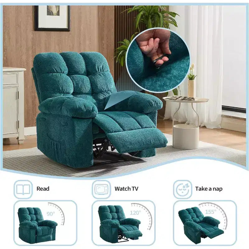 Handmatige relaxfauteuil, ergonomische ademende stoffen fauteuil met zijvakken, eenpersoonsbank, geschikt voor woonkamer en slaapkamer