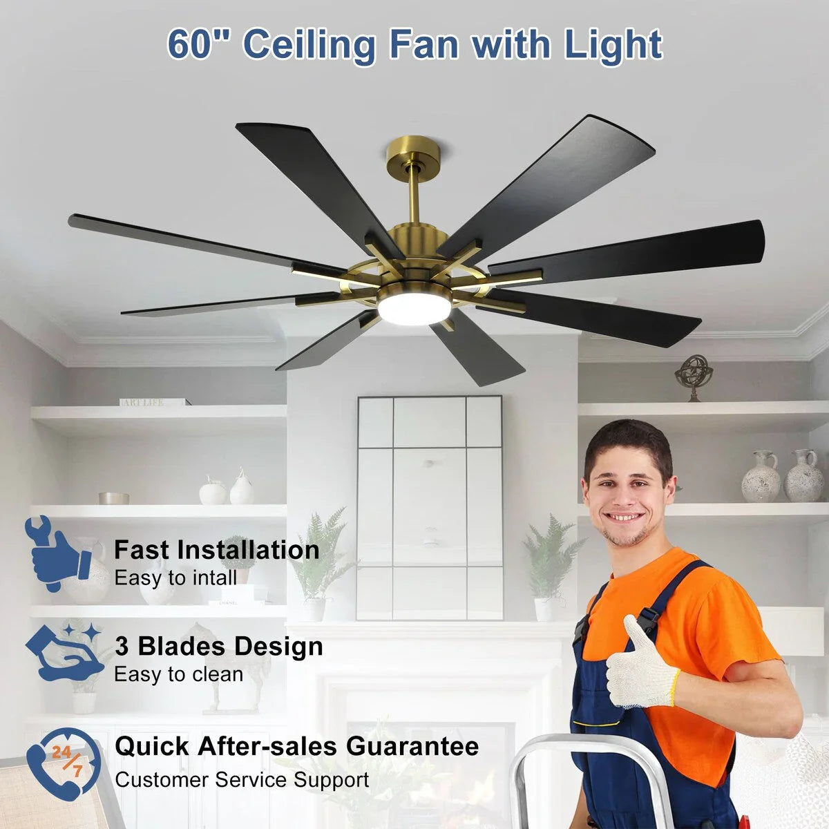 Ventilatore da soffitto con telecomando e luci, grande, con 8 pale in legno